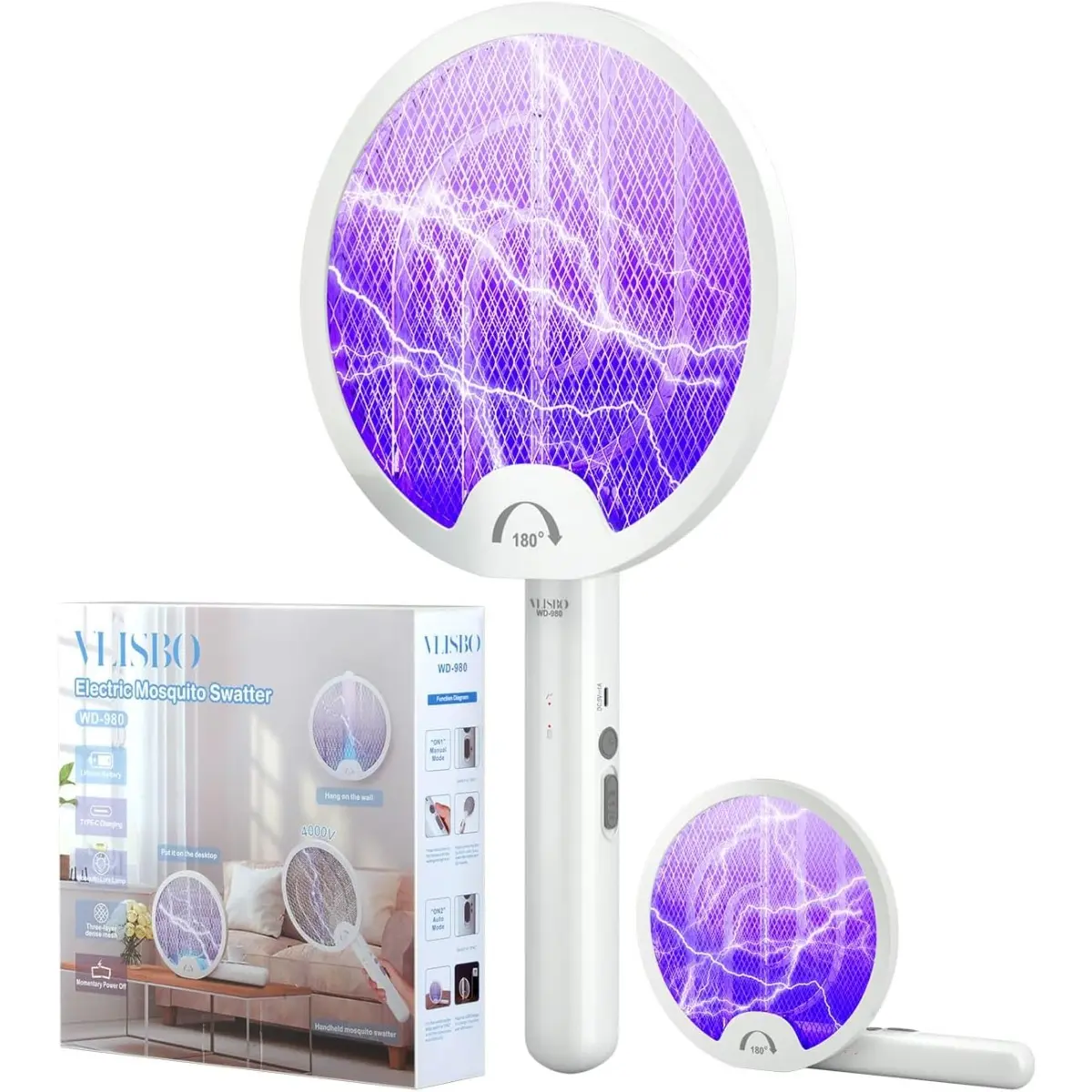 Bug Zapper, 4000V Electric Mosquito Swatter with 180-Degree Rotatable Head, Rechargeable 1200mAh Battery, Portable Insect Killer for Home, Camping & Outdoor, Safe & Eco-Friendly, White