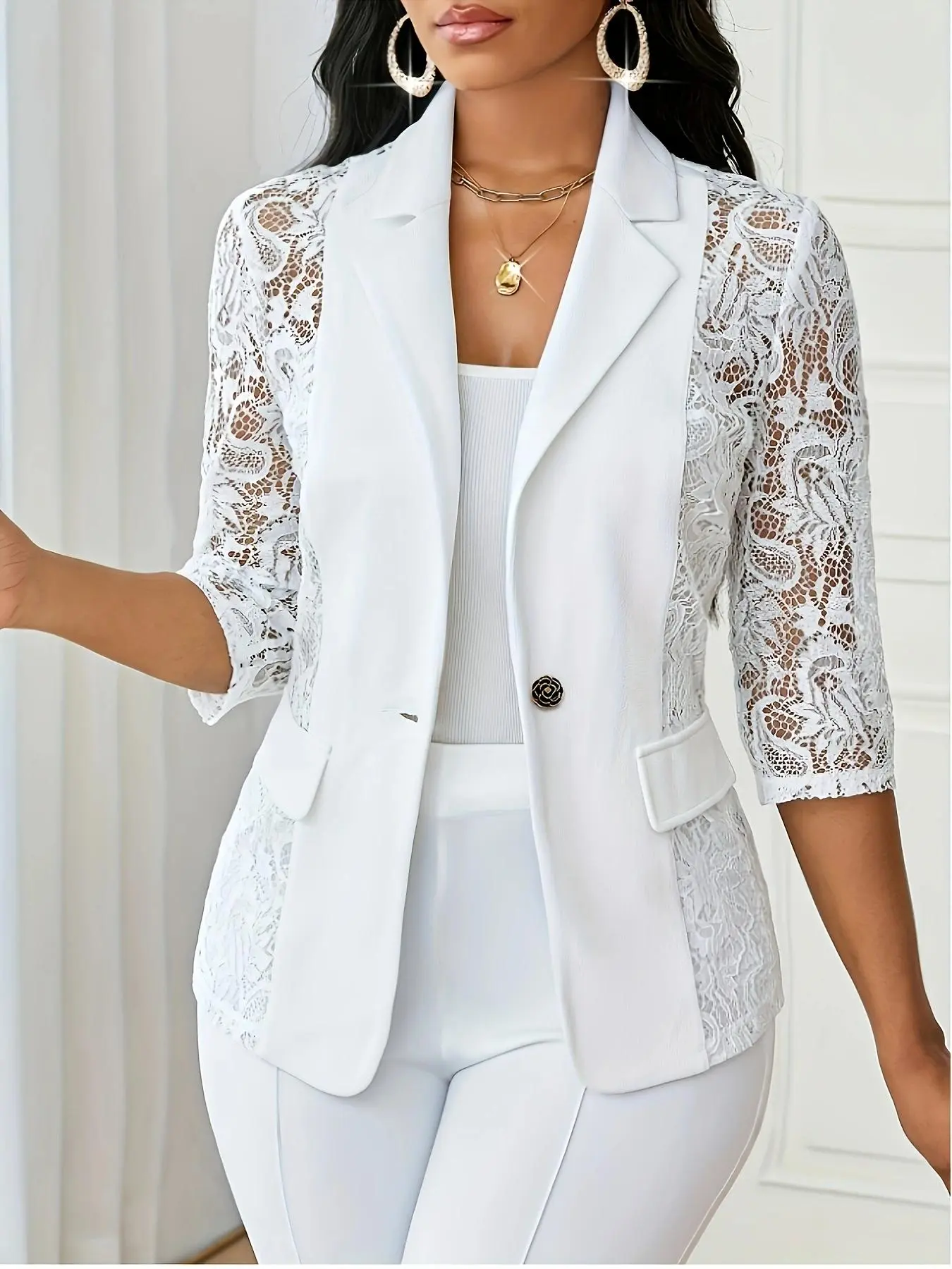 Women's Solid Color Contrast Lace Woven Lightweight Elegant Chic Blazer, Casual Fitted 3/4 Sleeve Button Front Pocket Blazer for Work Office Business, Ladies Clothes for All Seasons, Womenswear Jacket