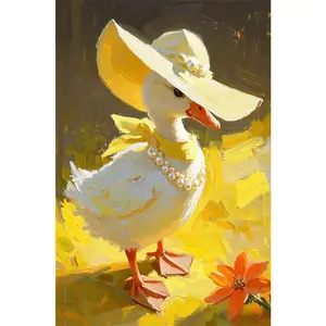 1PC 5D diamond painting 2D flat printing DIY Diamond Painting Kit Cute Duck in Yellow Sun Hat Pearl Necklace for Adults Kids 5D Diamond Art Embroidery Craft Home Wall Decor Gift 30x40cm