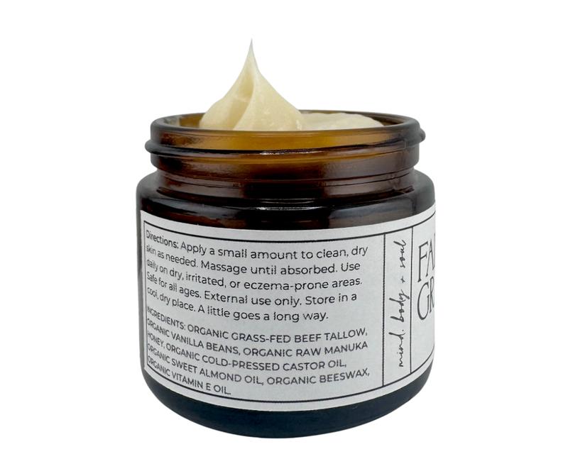 Organic Tallow balm, Vanilla and Manuka Honey All purpose moisturizer, acne prone skin facial, Eczema prone skin, Barrier cream, 2 oz Glass Jar.