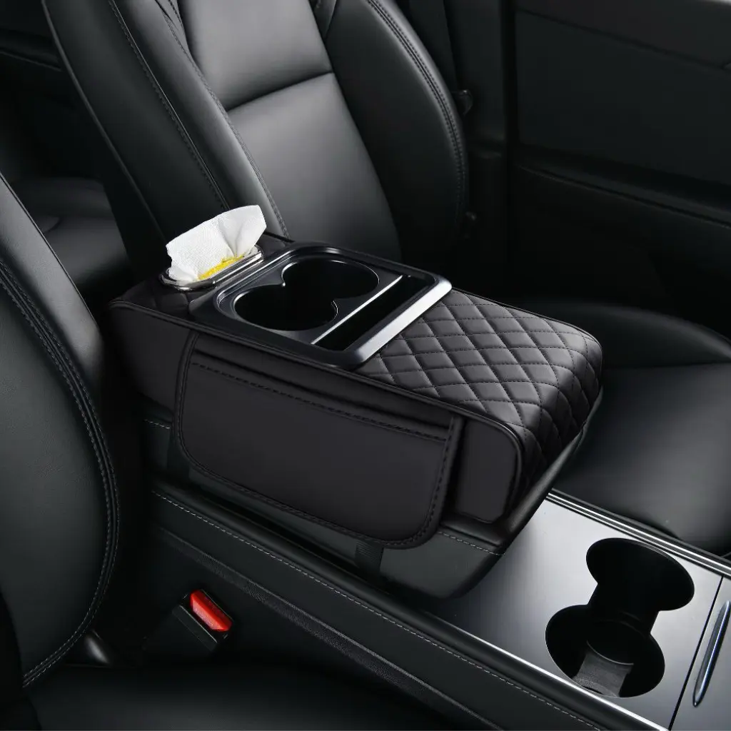 Car Armrest Box Heightening Pad with Side Storage Bag, Car Armrest Cushion, 5-in-1 Center Console Cover with 2 Storage Bags Cup Holder, Tissue Box Slot, Phone Slot, Car Accessories Interior Organizers, Ideal for Long-distance Driving Trips
