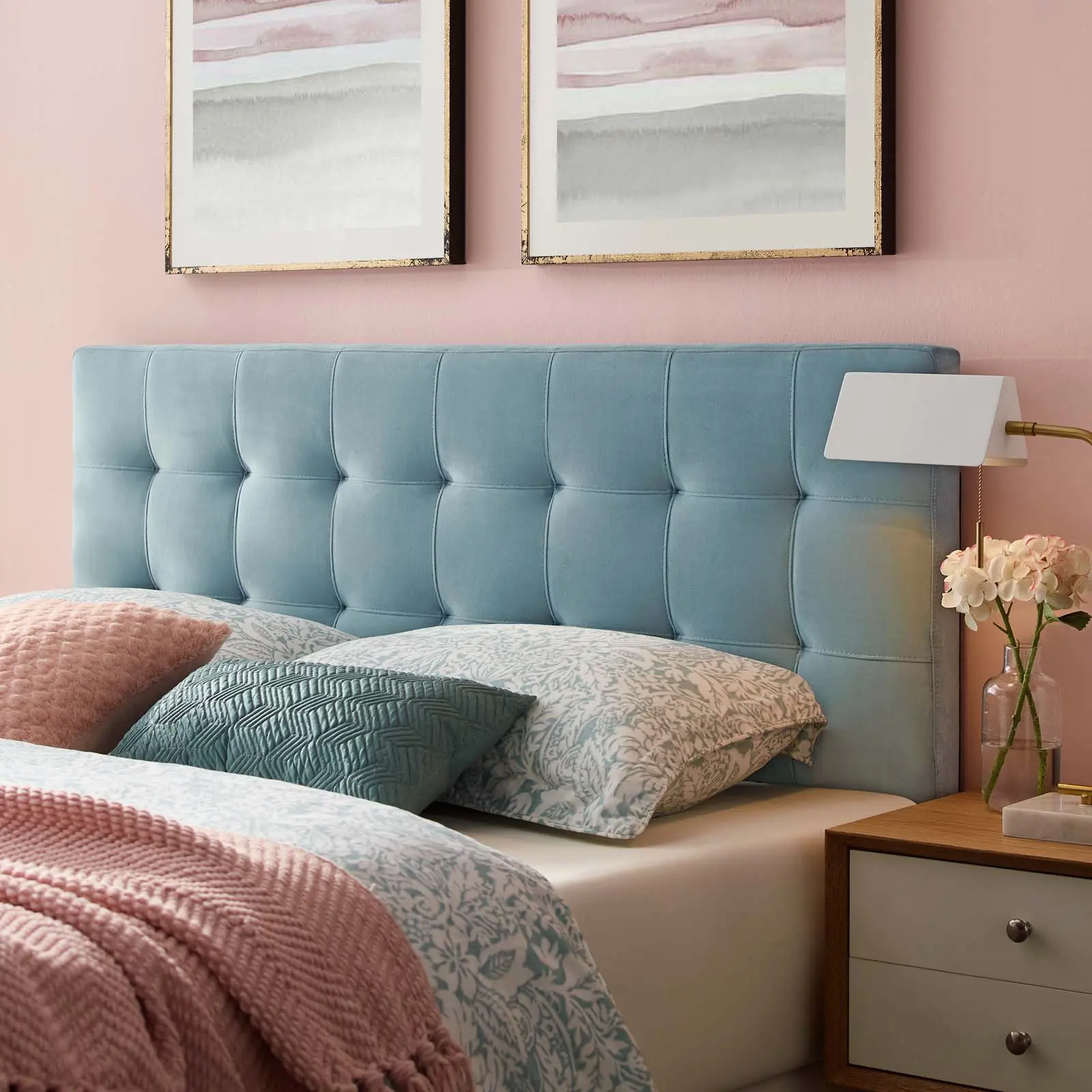 Modway Lily Plywood Adjustable Biscuit-Tufted Full Performance Velvet Headboard, Light Blue, Vintage Glamour Indoor Furniture