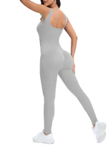 Women's Solid Square Neck Sports Jumpsuit, Casual Sporty Sleeveless Jumpsuit for Yoga Gym Workout, Ladies Sportswear for All Seasons