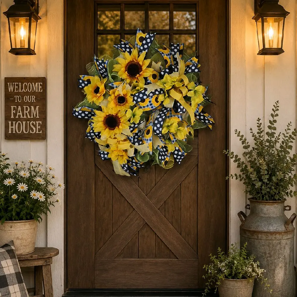Artificial Sunflower Wreath, Handmade Door Wreath for Front Door, Spring-Summer Outdoor Indoor Wall Decor
