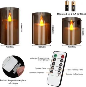 Set of 3 Gray Flameless LED Candles – Remote & Timer, Flickering Light