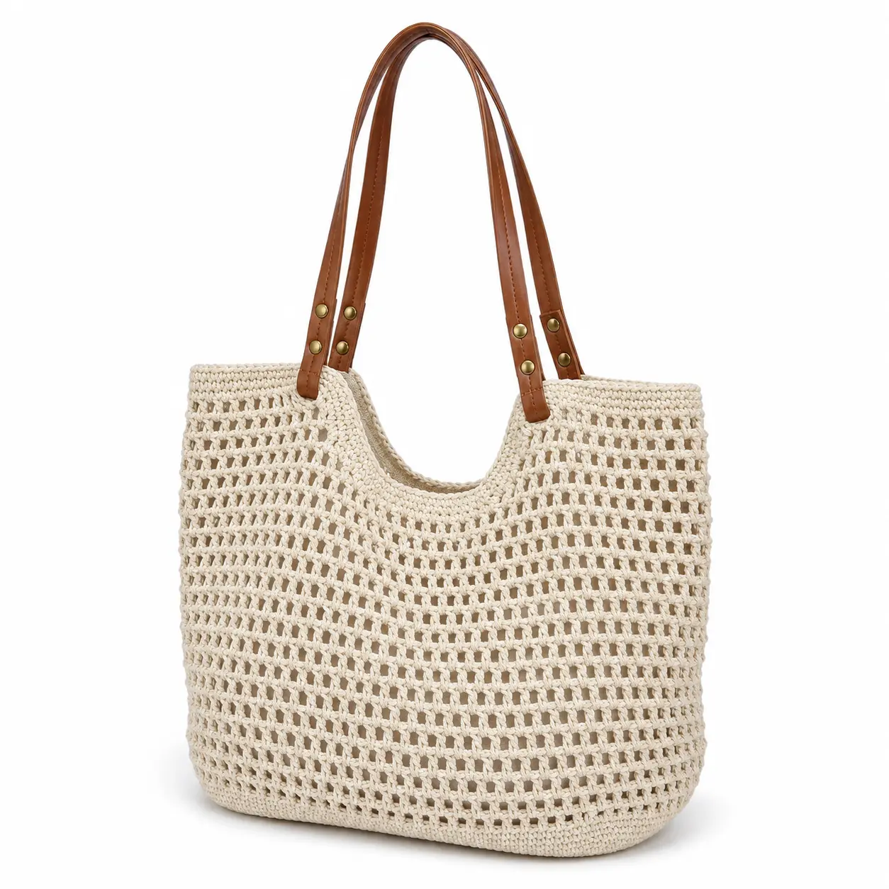 Crochet Tote Bag for Women, Hollow Out Knitted Mesh Shoulder Bag with Faux Leather Handles, Summer Beach Bag, Boho Woven Purse for Travel, Vacation, Shopping & Daily Use tiktokshopbacktoschool
