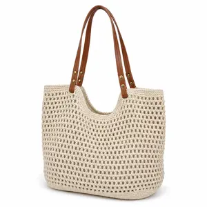 Crochet Tote Bag for Women, Hollow Out Knitted Mesh Shoulder Bag with Faux Leather Handles, Summer Beach Bag, Boho Woven Purse for Travel, Vacation, Shopping & Daily Use