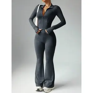 Women Solid Color Front Zipper Jacket and Flared Pants Sports Set Workout Women Set