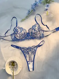 Floral Lingerie Set: Sheer Embroidered Bra & Thong - Sexy Blue Two-Piece for Women