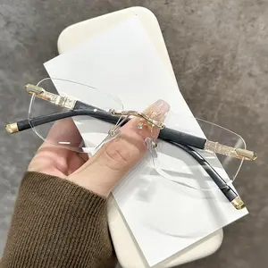 Rimless Rectangle Cut Edge Gradient Lens Trendy Metal Frame Unisex Fashion Sunglasses