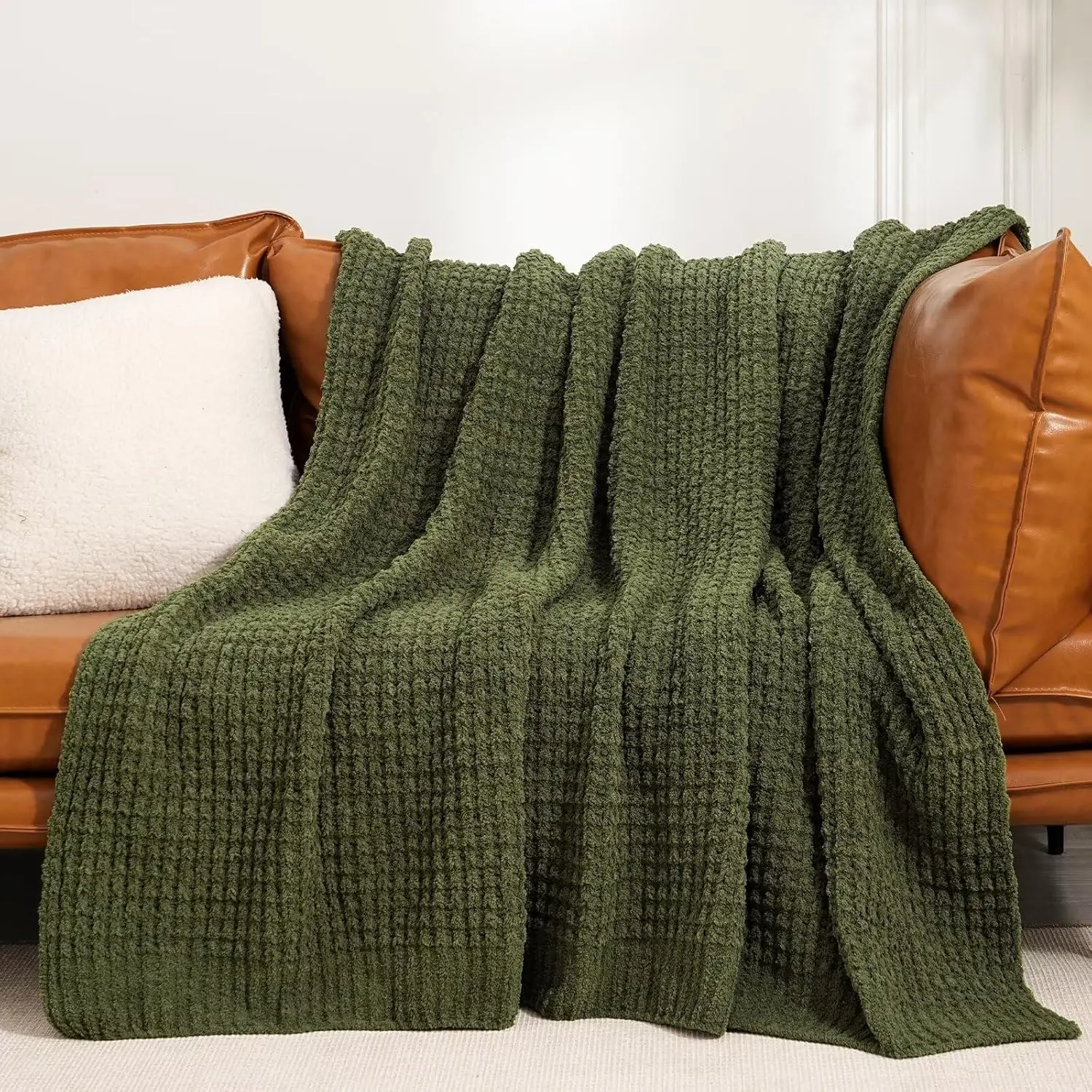 Chenille Waffle Knit Throw Blanket- Plush Warm & Cozy 50" x 60" Ultra Soft Blanket- Chunky  Waffle Throws for Couch Bed Sofa - Olive Green