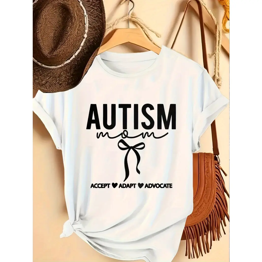 Womens Cotton Short Sleeve Graphic Tee Autism Mom Accept Adapt Advocate Awareness Shirt Soft Crewneck Casual Everyday Outfit Gift For Moms