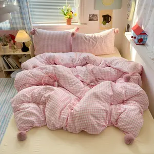 4pcs Fashion Soft Solid Color Bedding Set with Faux Fur Ball Decor, Suitable for Bedroom Guest Room Dorm School Use