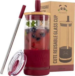 20oz Glass Tumbler – Wine Red Cup with 2 Lids & 2 Stainless Straws for Iced Coffee, Water, Matcha, Smoothies & Boba Pandaloo