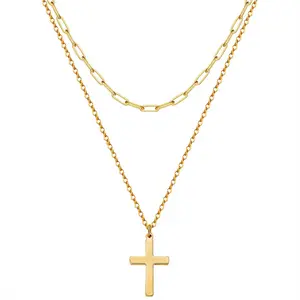 Lfee 2pcs Boho Multilayer Cross Pendant Necklace for Women Paperclip Link Chain Choker Necklace Jewelry Gift