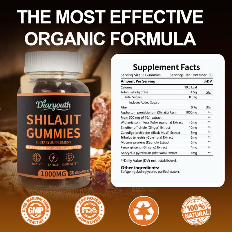 Shilajit Gummies with Ashwagandha, Black Seed Oil and Sea Moss, Lab-Tested for Purity, Helps Boost Energy & Immunity 60 Gummies, Shilajit for men and women