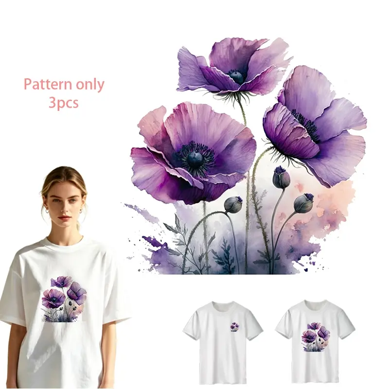 Purple Flower Pattern DTF Heat Transfer Vinyl for T-Shirts, Jeans, Hoodies, Bags - Washable, Durable PVC DIY Iron-On Decal, No Background