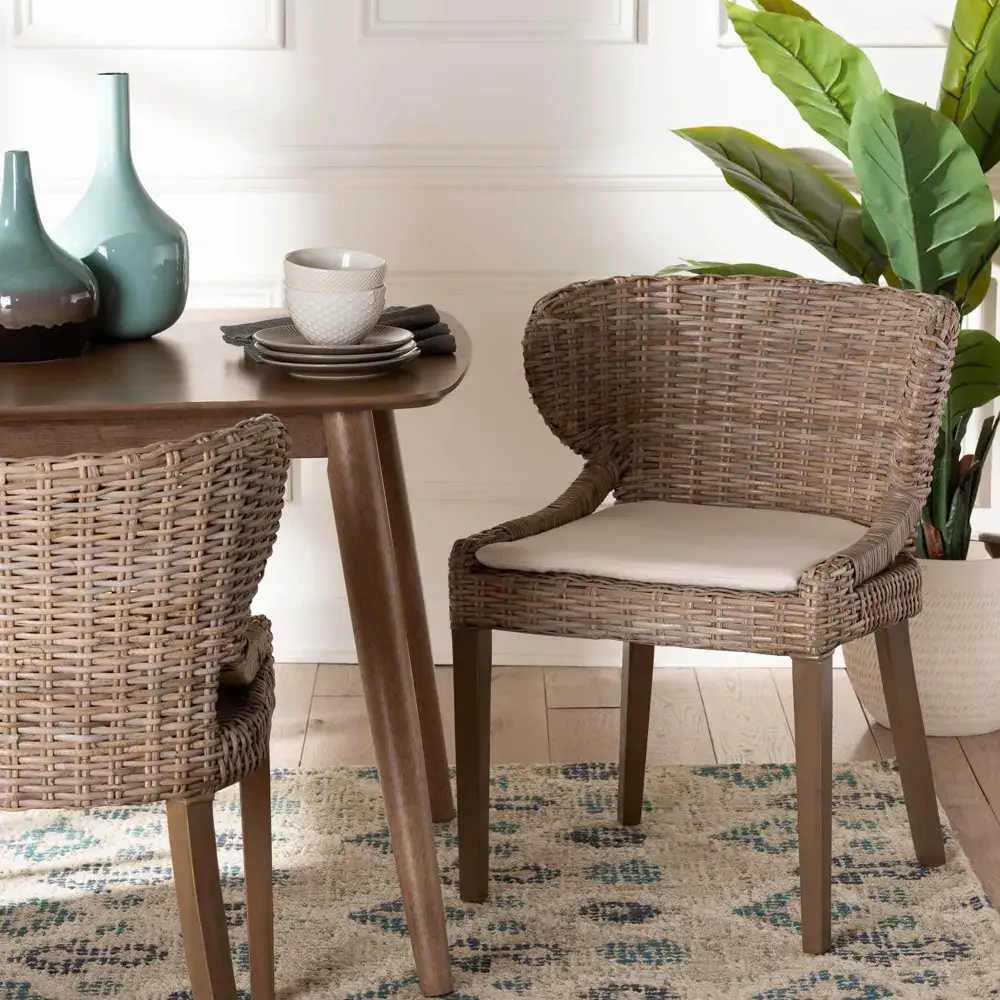 Bali & Pari Niesha Natural Rattan and Mahogany Wood Fabric Dining Chair - Kubu Gray/Rustic Taupe, Indoor Furniture Chair