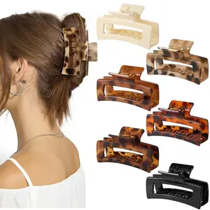 6 Pcs Rectangle Tortoise Shell Claw Clip - 3.35 Inch Medium Hair Clips for Women and Girls, Non-slip Square Claw Clips for Thick/Thin Hair, Banana Jaw Clips Accessories for Gift