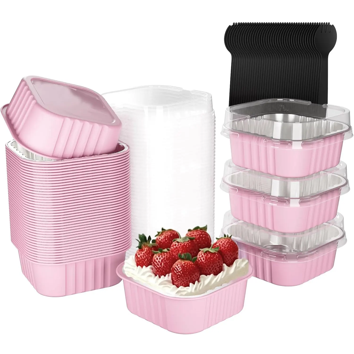 Thick Aluminum Foil Bakeware Set - Disposable Square Mini Cake Pans with Lids, Mini Loaf Pans with Lids, Ramekins, Aluminum Foil Cups, Muffin Tins for Oven Use at Wedding, Camping, Picnic Events, Cake Cup