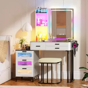 MiuVanity Set with 24-Color RGB Lights, 4-in-1，Wireless Charging, HD Mirror, 6-Drawer Chest & Large Storage Furniture Organizing - Modern Design