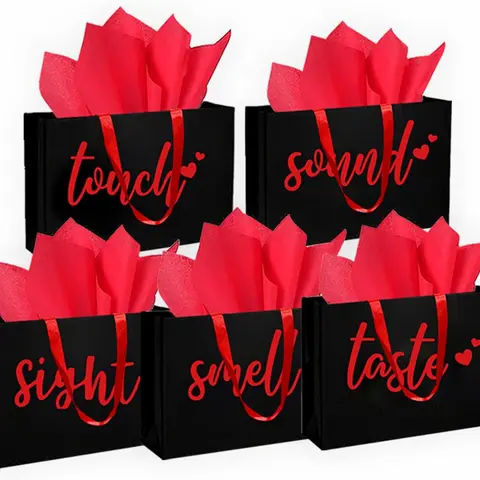 5 Senses  Bags Five Senses  Bags with Tissue Paper  Paper Bag with Ribbon Handles for Anniversary, Valentine's Day, Birthday for Him Husband Boyfriend (Red black)