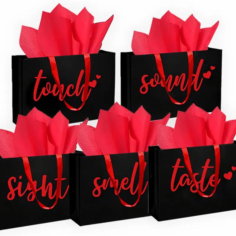 5 Senses Bags Five Senses Bags with Tissue Paper Paper Bag with Ribbon Handles for Anniversary, Valentine's Day, Birthday for Him Husband Boyfriend (Red black)