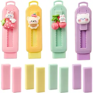 Sliding Retractable Eraser, 4 Color Push Pull Erasers and 8 Refills, Animal Erasers for Pencils Drawing(B)