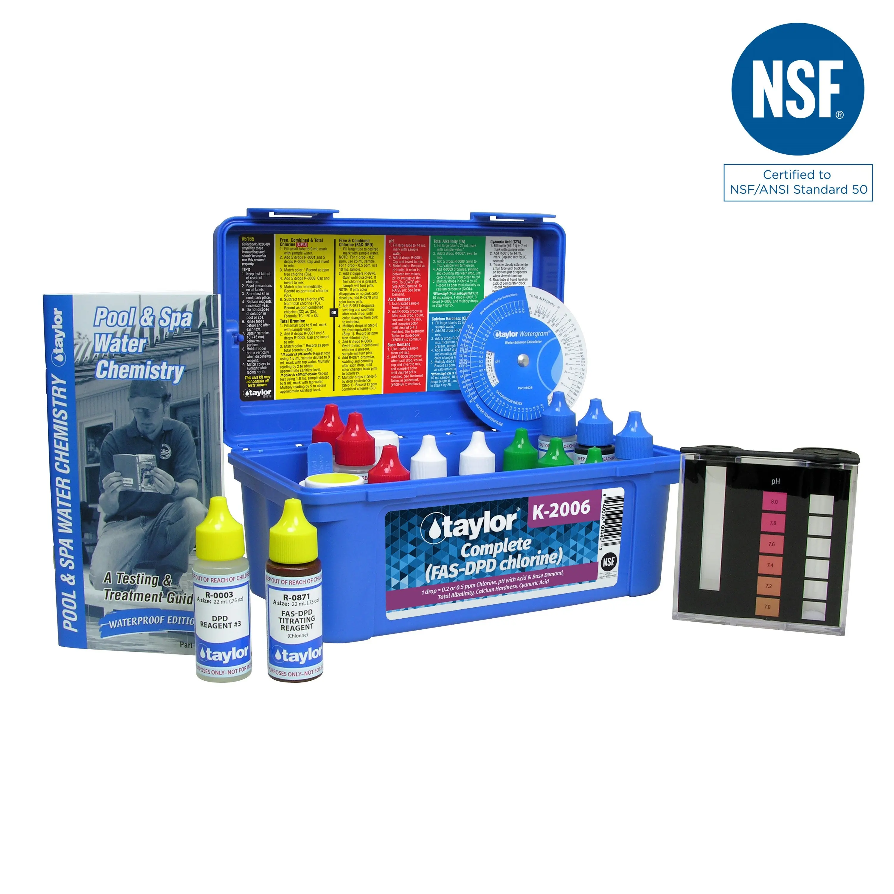 Complete kit for Chlorine, pH, Alkalinity, Hardness, CYA (FAS-DPD–high range) (.75 oz bottles) - K-2006-6