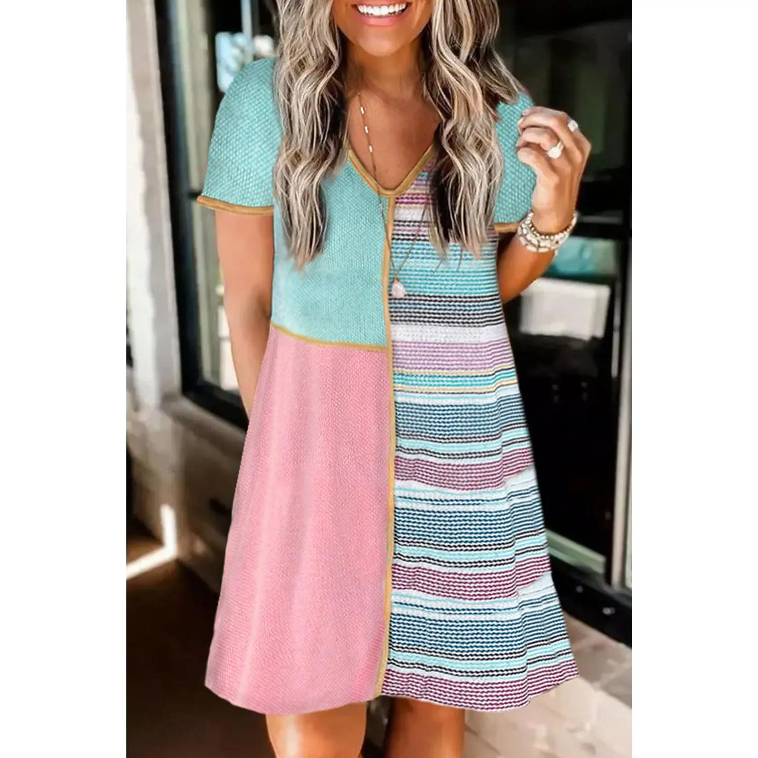 Multicolor Color Block Stripe Knit Patchwork A-line Dress