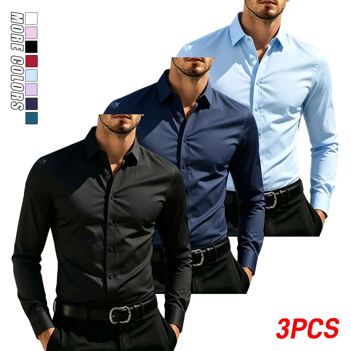 3PCS Men’s Solid Color Long Sleeve Shirts, Business Professional Wear | Suitable for all seasons—business casual and formal wear, men’s dress shirts