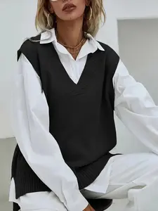 Women's Solid V Neck Sweater Vest, Casual Sleeveless Knit Top for Daily Wear, Ladies Knitwear for All Seasons