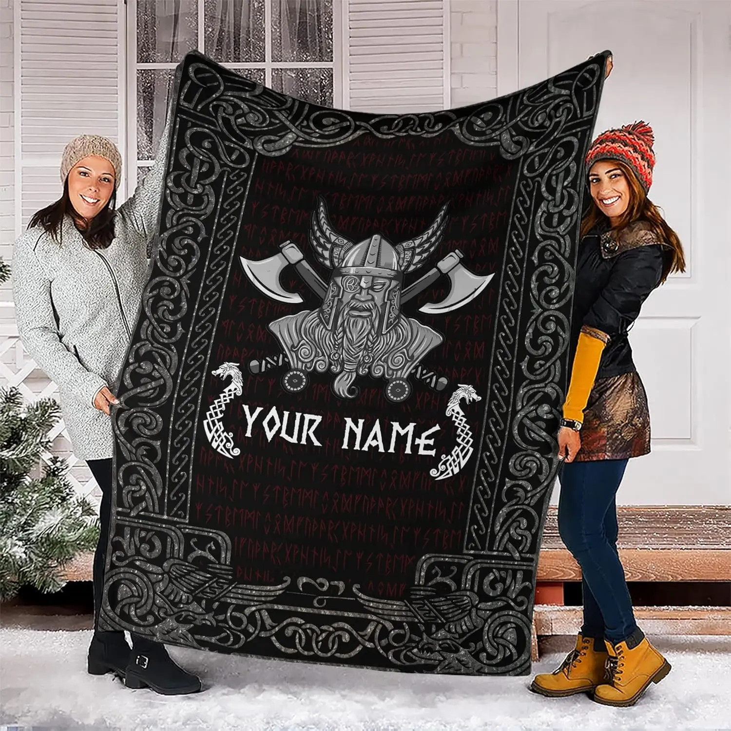 Custom Viking Blanket - Personalized Norse Runes & Odin Design with Name - Gift for Men, Dad, Warriors - Scandinavian Celtic Fleece Throw