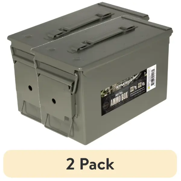 2 Pack Strategy .50 Caliber Metal Ammo Storage Boxes, 12" x 6.125" x 7.25", OD Green, Heavy-Duty Storage Containers