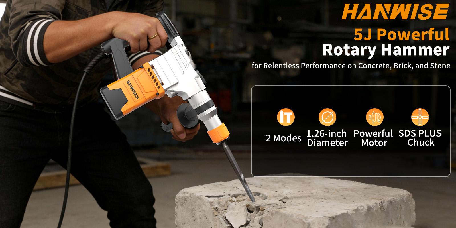 HANWISE heavy-duty electric hammer drill and dismantling tool, with 3-in-1 function (drilling, rock drilling, dismantling) with handle, locking and wired plug, suitable for concrete, masonry, renovation - multifunctional hammer drill, DIY enthusiasts