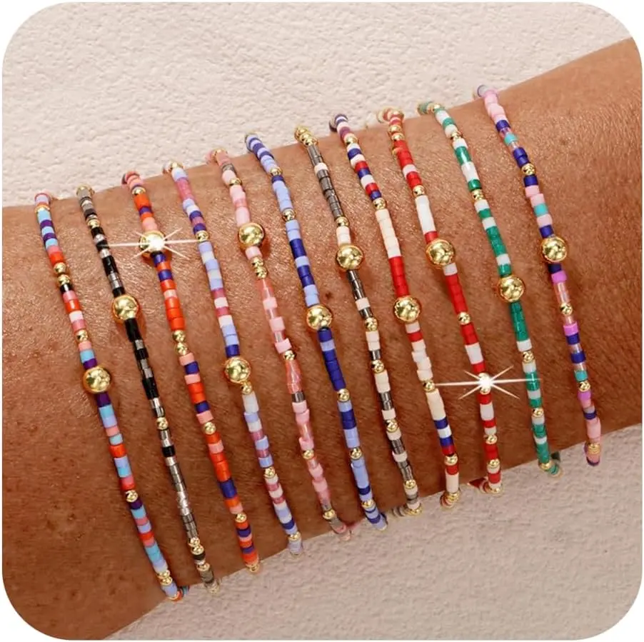 SHINUS BOHO Bangles for Women, 11Pcs Handmade Boho Glass Seed Beaded Stackable Bangle Bracelets, Fashionable Creative Matching Set, Matching Bracelets, Fashionable Creative Bangle