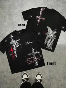 Unisex Loose-Fitting Short Sleeve T-Shirt, Casual Graphic Angel Tee with Rhinestone Craftsmanship, All-Season Wear, Perfect Gift