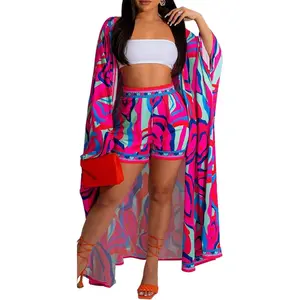 Kimono Shorts Set for Women Two Piece Summer Vacation Outfits Flowy Beach Cover up Duster Clothes Blue