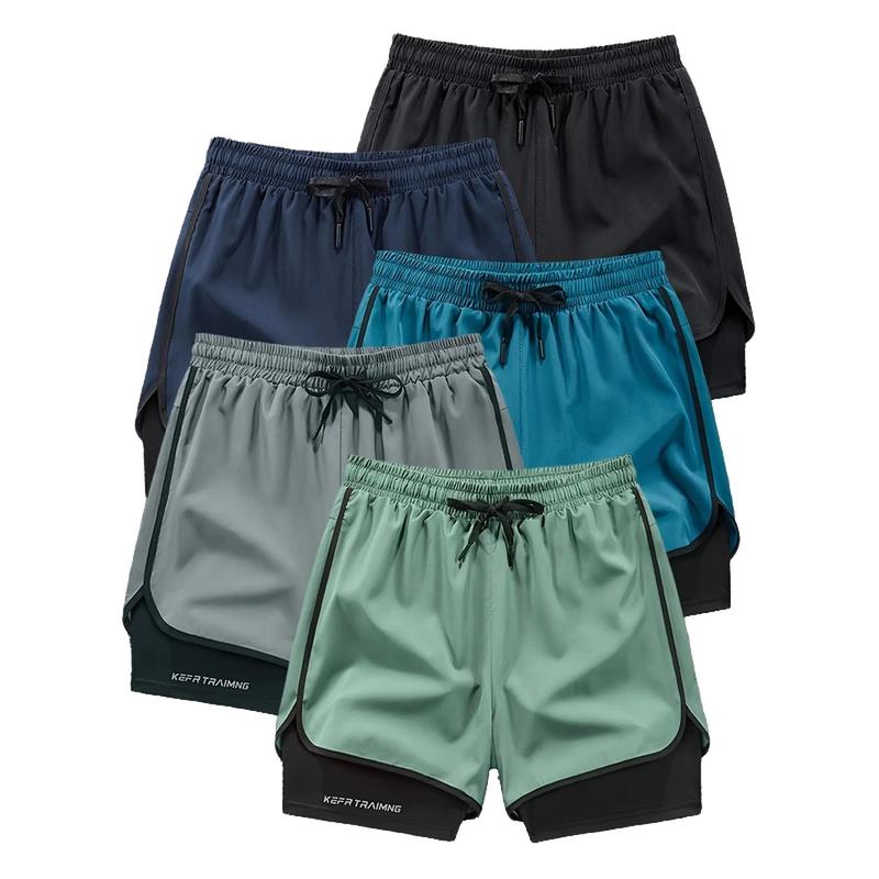 Men's 5-Piece 2-in-1 Beach Sports Shorts Set - Nylon 2-Layered Fabric with Inner Lining, Pockets, Drawstring, Breathable Normal Type for Gym, Running - Quick-Dry, Slogan-Infused Design, Cold Wash Compatible