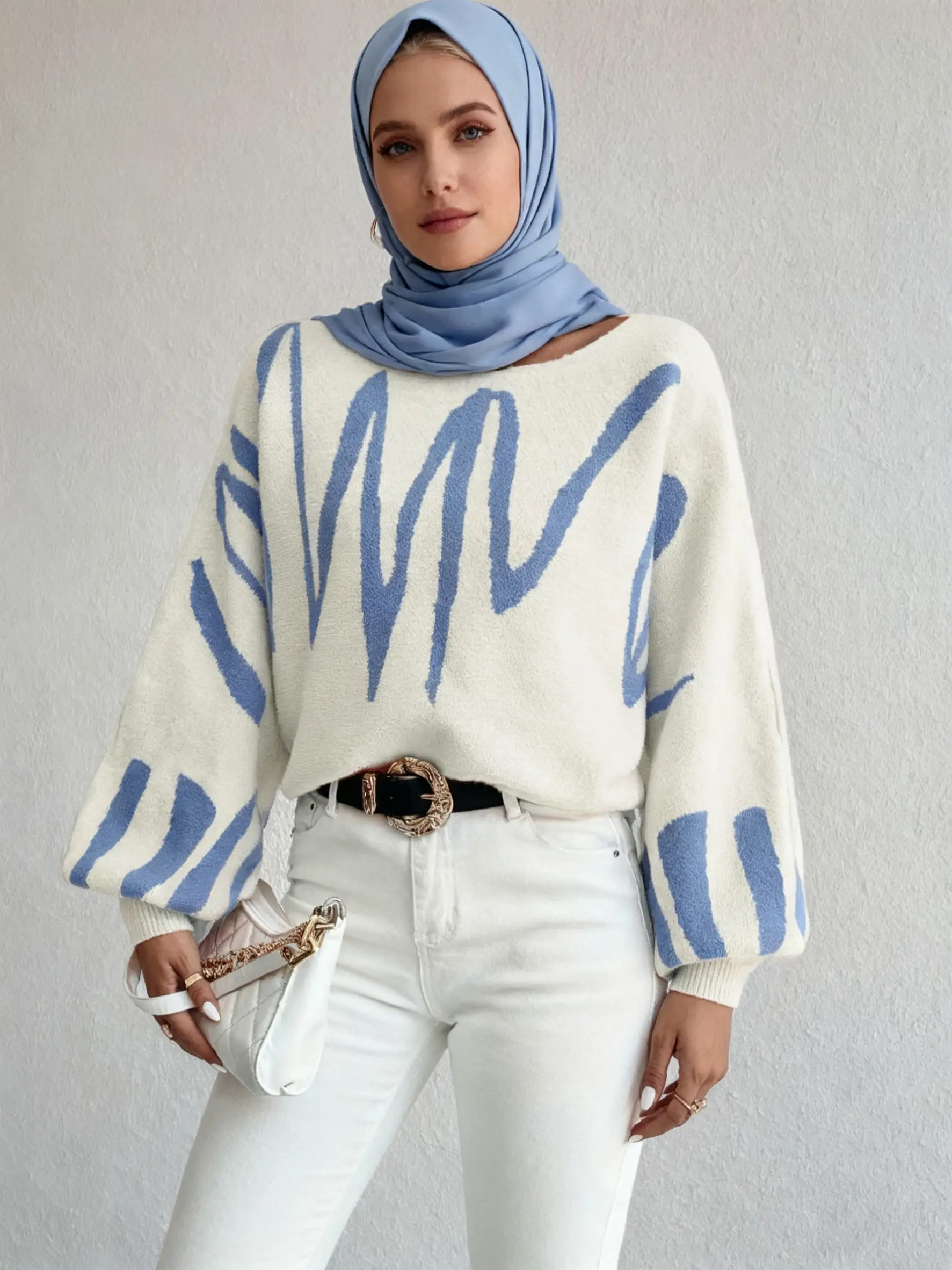 Women's sweater with wavy lantern sleeves, loose design, off - the - shoulder knitted top. A sweater suitable for daily commuting. Women's clothing, w