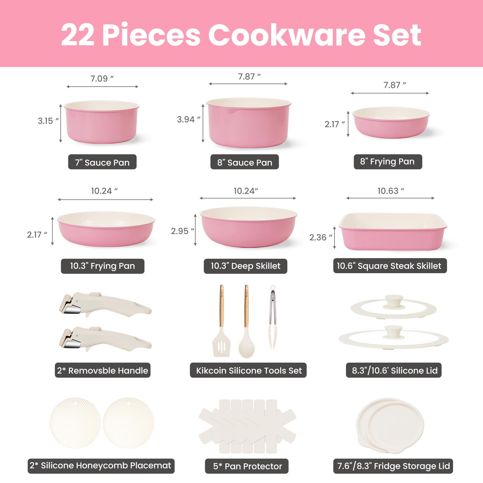 [Ceramic Pro]Kikcoin OOAK Non-Toxic Multifunctional Non-Stick 22pcs pots and pans set,complete Cookware Set with Lids Detachable Handle,PFASFree,RV cook,Healthy,milk pan,Outdoor Compatible Stackable,Nonstick Induction,Easy Care,Kitchen,Mother’s Day gift