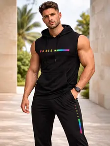 Men’s Sleeveless Hoodie Tracksuit Set – Black Athletic Hooded Tank Top & Jogger Pants, Casual Gym Workout Streetwear Outfit outdoorfun