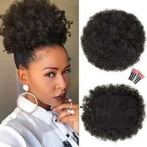 Afro Puff Drawstring Ponytail Extension for Black Women, Premium Dark Brown 2# 80gram Short Synthetic Afro Puff Ponytail for Natural Hair, Clip On Kinky Drawstring Curly Ponytail Bun