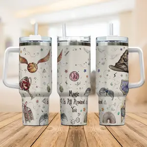 Wizard 9 3/4 Tumbler 40oz, Fantasy School Inspired Cup, Insulated Travel Mug with Handle and Straw, Magical Gift Idea