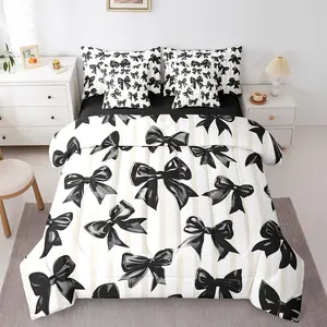 Bowknot Comforter Set,7 Piece Watercolor Ribbon Bow Bedding Set for Kids Teen Adults,Modern Aesthetic Bowknot Bed in A Bag Black White Simple Sheet Set,Comforter