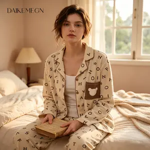 Alphabet Print Pajama Set with Cute Bear Pocket 2 Piece Lounge Set for Women Soft Long Sleeve Button Down PJs & Pants College Dorm Fall Winter Home Wear
