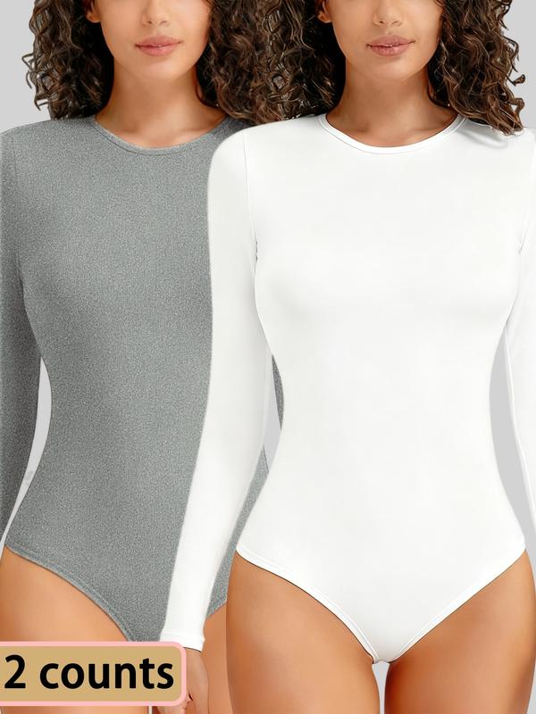 1/2 Counts Women's Solid Round Neck Shapewea Bodysuit,Casual Comfort Long Sleeve Slimming Bodysuit,Lady Tops for Spring&Fall,Womenswear，Women's Stylish Thermal Long Sleeve Bodysuit for Going Out Tops，Fabric Comfortable, Belly Control Bodysuit