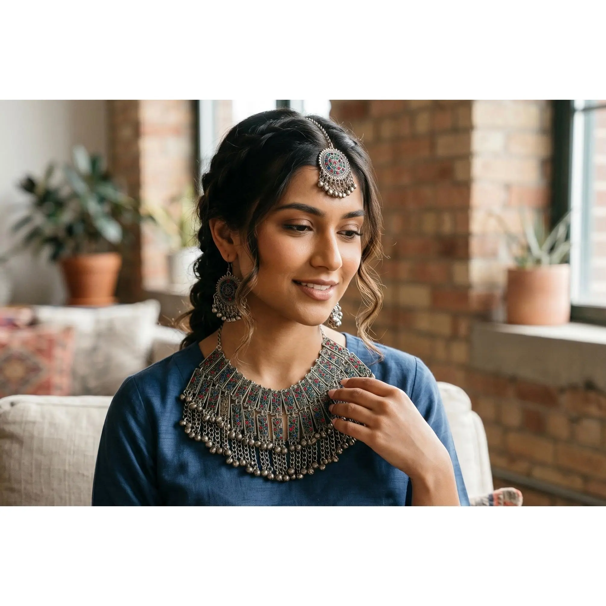 Handmade 3-Piece Afghan Jewelry Set – Vintage Tribal Statement Necklace, Matching Earrings & Headpiece | Traditional Kuchi Boho Festival Jewelry for Women 010