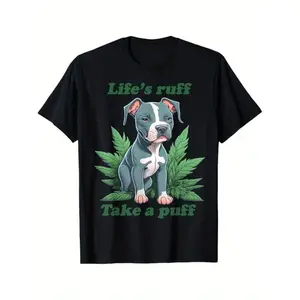 Soft & Comfy T shirt Life's Ruff Take A Puff Pitbull Weed T-Shirt, Black, 100% Cotton