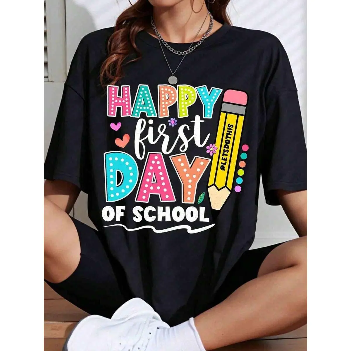 Happy First Day Of School Shirt For Women Colorful Back To School T-Shirt With Pencil Design And Hashtag Letsdothis Graphic Tee For Teachers Students